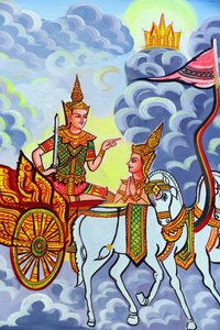 20151029, Vientiane, Laos: Wat Si Muang (Simuong) boeddhistische tempel. Schilderij dat het levensverhaal van Shakyamuni Boeddha uitbeeldt