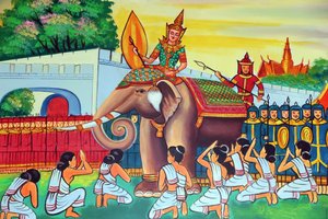 20151029, Vientiane, Laos: Wat Si Muang (Simuong) boeddhistische tempel. Schilderij dat het levensverhaal van Shakyamuni Boeddha uitbeeldt