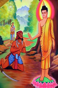 20151029, Vientiane, Laos: Wat Si Muang (Simuong) boeddhistische tempel. Schilderij dat het levensverhaal van Shakyamuni Boeddha uitbeeldt door Unbekannt