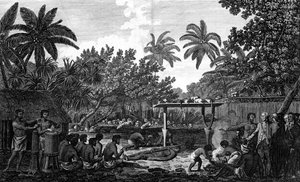 Een menselijk offer in een Morai, in Otaheite, in aanwezigheid van Kapitein Cook, ca. 1773