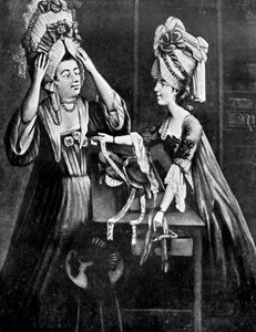 Een hoedenwinkel, mevrouw Monopolize, de slagersvrouw, koopt een moderne hoofdtooi, 1772 door Unbekannt