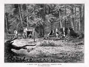 Een mijnkamp aan een Noordwest-Amerikaanse rivier, 1877 door Unbekannt