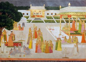 Een Mughal schilderij van een prinses en haar dames die Diwali vieren
