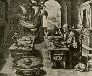 Een navigatie-expert aan het werk in zijn studeerkamer met globe en kompas, c1591, 1928 door Unbekannt