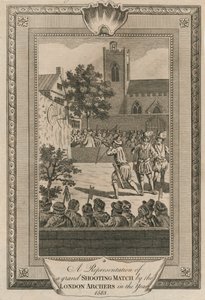 Een voorstelling van een groot schietwedstrijd door de Londense boogschutters in het jaar 1583 door Unbekannt