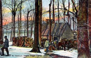 Een Vermont esdoornsiroopkamp, VS, begin 20e eeuw