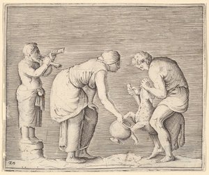 Een vrouw die bloed verzamelt van een schaap, gepubliceerd ca. 1599-1622 door Unbekannt