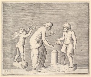 Een vrouw en man die offeren in aanwezigheid van Cupido, gepubliceerd ca. 1599-1622