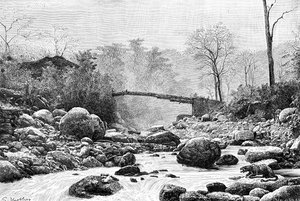 Een brug over de Rangit, een zijrivier van de rivier Teesta, India, 1895