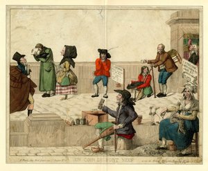 Een hoek van Pont Neuf, Parijs, met kreupele bedelaars en straatverkopers, ca. 1813