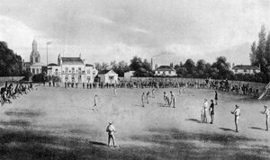Een cricketwedstrijd in progressie op Kennington Oval, Londen door Unbekannt