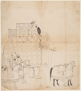 Een tekening van een versierde olifant en paarden, ca. 1760