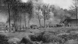 Een boerderij in brand door Duitse brandbommen, Artois, Frankrijk, Eerste Wereldoorlog, 1915 door Unbekannt