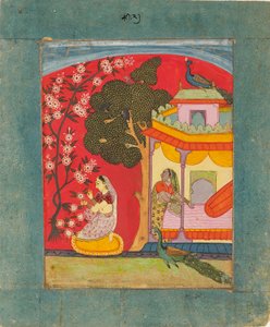 Een dame die bloesems plukt, illustratie van de muzikale modus Ramakali Ragini, c1675