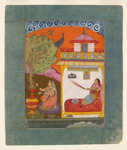 Een dame die bladeren plukt, illustratie van de muzikale modus Gunakali Ragini door Unbekannt