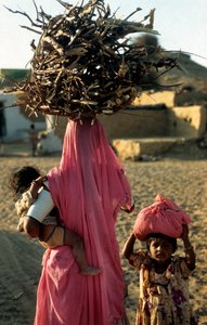 Een lokale houtbewerkingsfamilie uit een dorp in Rajasthan. Rajasthan, India. 25 februari 2005. (foto)