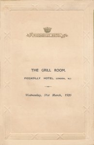 Een menu voor The Grill Room van het Piccadilly Hotel, Londen, 1920