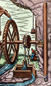 Een mijn wordt drooggelegd door een lappen- en kettingpomp aangedreven door een bovenslag watermolen, 1556 door Unbekannt
