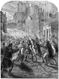 Een menigte die kapitein John Porteous naar zijn executie draagt, Edinburgh, 1736 19e eeuw