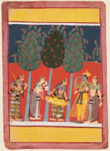 Een pagina uit een Rasikapriya-serie: Krishna en Radha en de Sakhis met muziekinstrumenten, ca. 1650 door Unbekannt