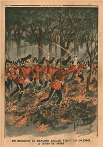 Een regiment Engelse dragonders blust een brand met sabelslagen, 1914