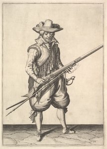 Een soldaat die het kruit van de bovenkant van de pan schudt, uit de Musketiers-serie, plaat 19 door Unbekannt