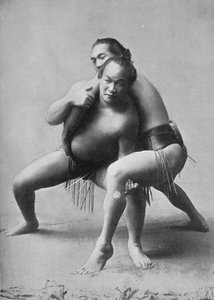 Een sumoworstelwedstrijd tussen een paar Japanse professionals, 1902