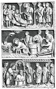 Een drieluik van het genezende werk van St. Remy, bisschop van Reims, 11e eeuw