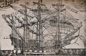 Een houtsnede van een schip dat vermoedelijk de Ark Royal is, c1587 door Unbekannt