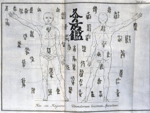 Acupunctuur: kaart van het menselijk lichaam met de moxibustiepunten, Japan (Kaart met betrekking tot moxa, ca. 1690) door Unbekannt