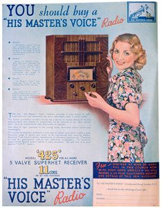 Advertentie voor His Masters Voice radio