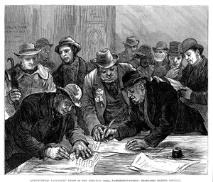 Vergadering van de Landarbeidersunie in Farringdon Street, Londen