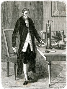 Alessandro Volta, Italiaanse natuurkundige, demonstreert zijn elektrische stapelbatterij, ca 1800 ca 1870 door Unbekannt