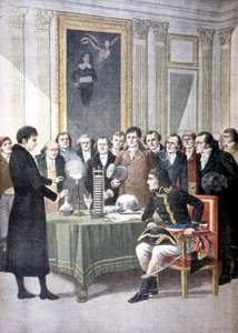Alessandro Volta, demonstreert zijn stapel batterij aan Napoleon, ca. 1800 1901 door Unbekannt