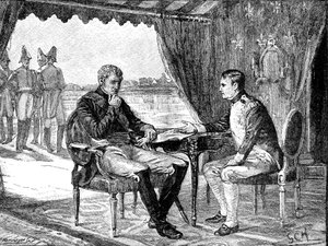 Alexander I Rusland en Napoleon I Bonaparte van Frankrijk in Tilsit door Unbekannt