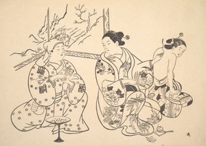 Een Oiran zittend in een salon past de vuurbehandeling toe op de ontblote rug van een andere vrouw door Unbekannt