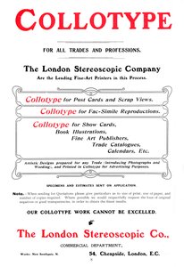 Een advertentie voor het Collotype-proces aangeboden door The London Stereoscopic Company, 1903