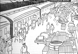 Een illustratie van een treinstation uit de jaren 1930, 1937 door Unbekannt