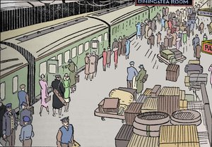 Een illustratie van een treinstation uit de jaren 1930, 1937