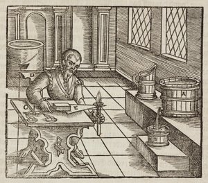 Analyse van salpeter, gebruikt in buskruit en voor het conserveren van vlees - Gravure uit Beschrijving van mineralen en de belangrijkste mijnbouwmethoden, van Lazarus Ecker door Unbekannt