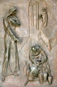 Beeldhouwwerk op de deur van de Aankondigingsbasiliek: wonder van de bruiloft te Kana, Nazareth, Israël