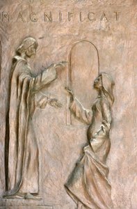 Aankondigingsbasiliek deursculptuur: het Bezoek (Maria en Elizabeth), Nazareth, Israël door Unbekannt