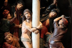 Arbois, Jura, Saint-Hippolyte kerk. Het vijftiende-eeuwse retabel. Geseling van Christus door Unbekannt
