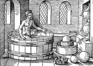 Archimedes ca. 287-212 v.Chr., Oud-Griekse wiskundige en uitvinder, in zijn bad door Unbekannt