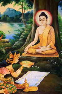 Ascetische Boeddha kreeg een kom melk-rijstmaaltijd aangeboden op de ochtend van zijn verlichting door Nandabala, schilderij dat het levensverhaal van Shakyamuni Boeddha afbeeldt, Wat Ong Teu Mahawihan, Tempel van de Zware Boeddha, Vientiane, Laos