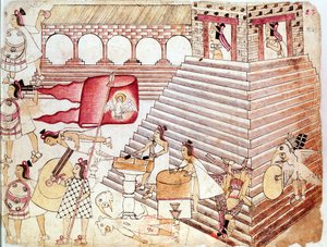 Azteekse krijgers verdedigen de tempel van Tenochtitlan, Mexico door Unbekannt