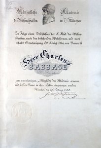Babbage Diploma van Konigliche Akademie der Wissenschaften Munchen door Unbekannt