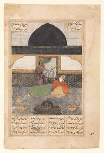 Bahram Gur bezoekt de prinses van India in het zwarte paviljoen, illustratie en tekst...recto ca. 140 door Unbekannt