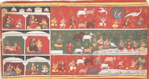Bakasura, de kraandemon, arriveert in Brindavan... een verspreide Bhagavata Purana, ca. 1700