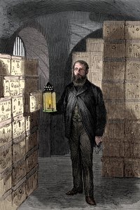 Bankbiljettenopslag in de kluizen van de Bank of England, ca. 1870